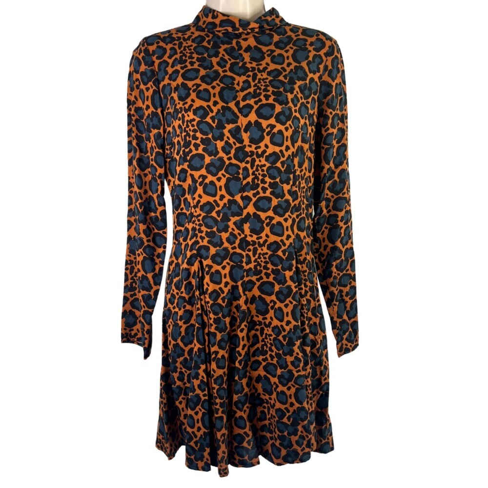 Topshop Animal Print Skater Dress Mock Neck Long Sleeve Bold Statement Size 6